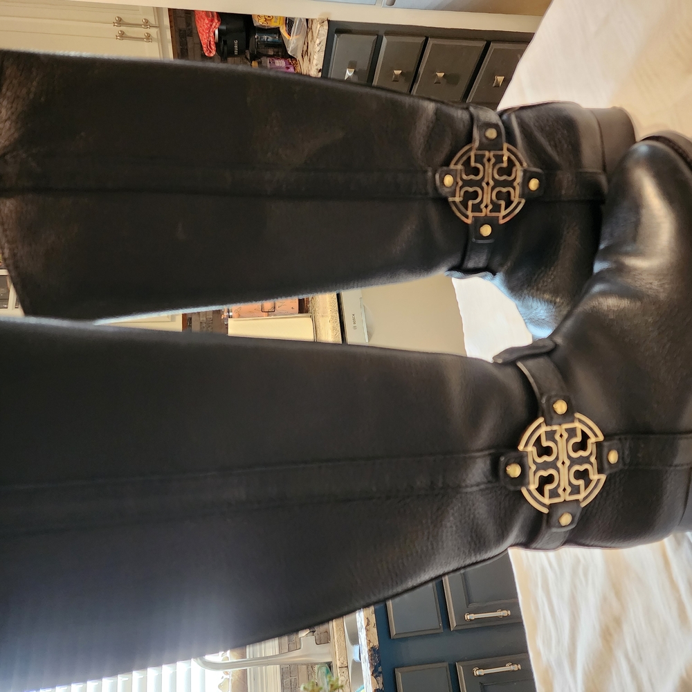 Tory Burch Black and Gold Heeled Boots with Ornate Embellishments